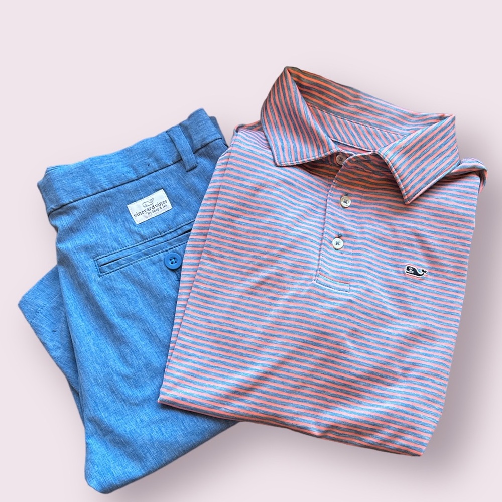 Vineyard Vines Boys Sankaty Striped Shirt Pink/Blue Size M w/Matching Shorts 14